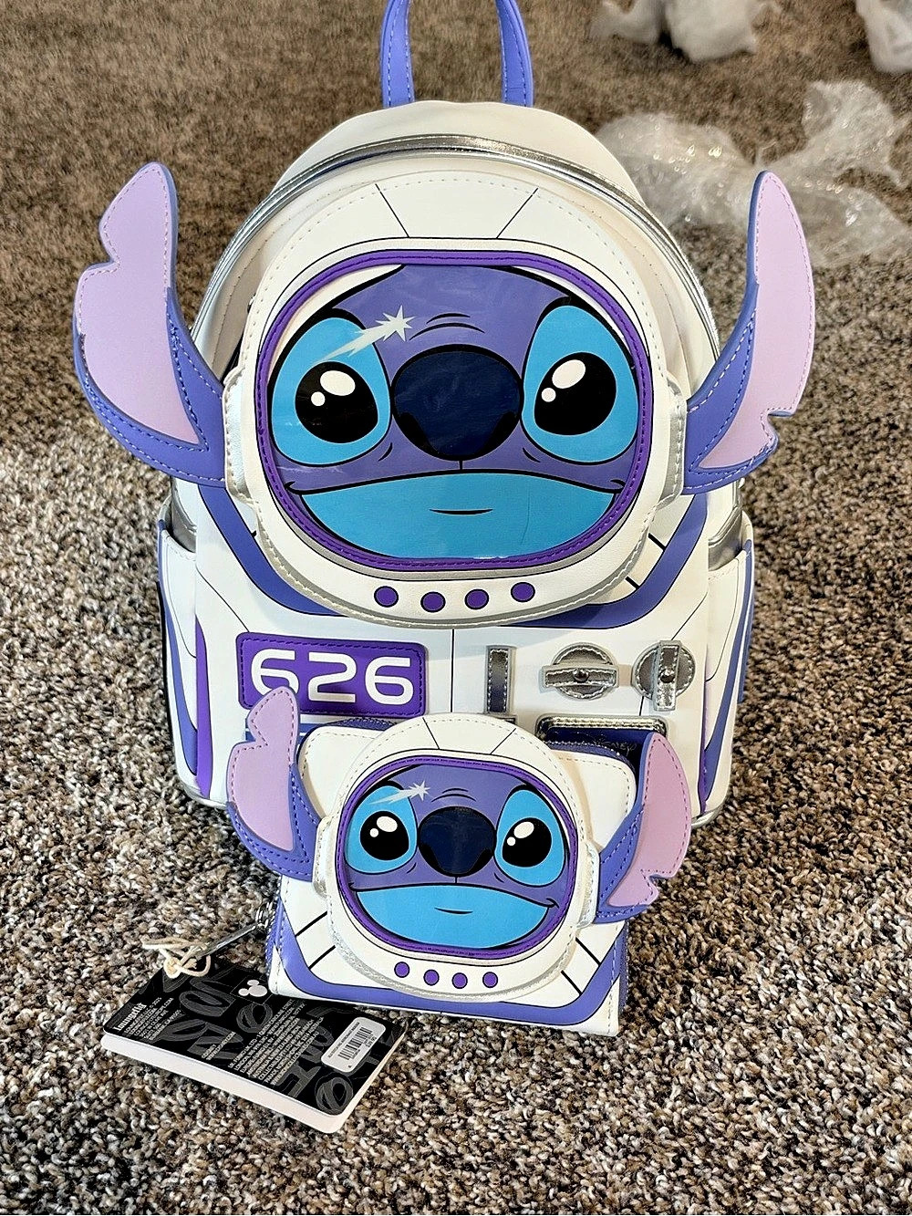 Disney Stitch Astronaut  Backpack and Wallet set White Purple NWT